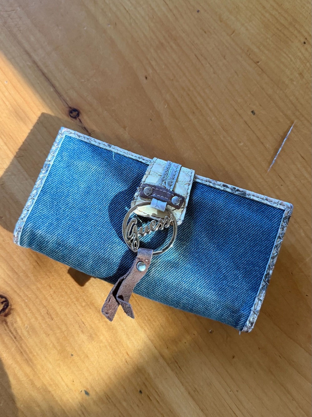 Guess Blue Denim Wallet with Tan Trim and Gold Logo Ring